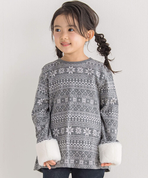 【セール】【お揃い】ノルディックジャガード袖ファープルオーバー(90~150cm)（スウェット）｜BeBe（ベベ）