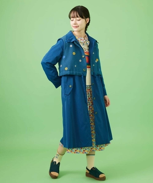 Sunny Clouds 花柄刺繍ロングコート ネイビー 3L サニークラウズ花柄