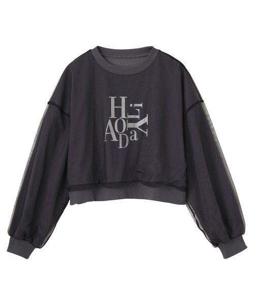 セール】春 にぴったり。チュールレイヤード箔プリント袖ボリューム裏