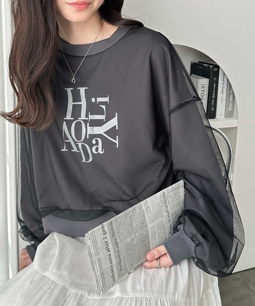 GeeRA（ジーラ）の「春 にぴったり。チュールレイヤード箔プリント袖ボリューム裏毛ロゴスウェット（スウェット・レディース・アイボリー/チャコールグレー/チャコール/オートミール・MEDIUM/LARGE/X-LARGE）」の10枚目の写真