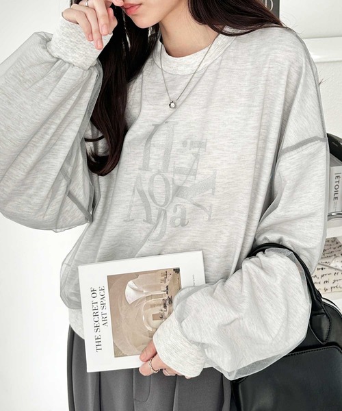 GeeRA（ジーラ）の「春 にぴったり。チュールレイヤード箔プリント袖ボリューム裏毛ロゴスウェット（スウェット・レディース・アイボリー/チャコールグレー/チャコール/オートミール・MEDIUM/LARGE/X-LARGE）」の7枚目の写真