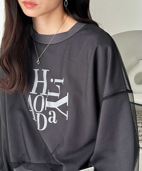 GeeRA（ジーラ）の「春 にぴったり。チュールレイヤード箔プリント袖ボリューム裏毛ロゴスウェット（スウェット・レディース・アイボリー/チャコールグレー/チャコール/オートミール・MEDIUM/LARGE/X-LARGE）」の12枚目の写真