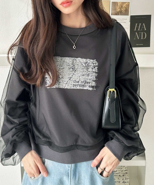 GeeRA（ジーラ）の「春 にぴったり。チュールレイヤード箔プリント袖ボリューム裏毛ロゴスウェット（スウェット・レディース・アイボリー/チャコールグレー/チャコール/オートミール・MEDIUM/LARGE/X-LARGE）」の15枚目の写真