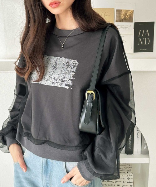 GeeRA（ジーラ）の「春 にぴったり。チュールレイヤード箔プリント袖ボリューム裏毛ロゴスウェット（スウェット・レディース・アイボリー/チャコールグレー/チャコール/オートミール・MEDIUM/LARGE/X-LARGE）」の16枚目の写真