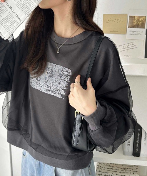 GeeRA（ジーラ）の「春 にぴったり。チュールレイヤード箔プリント袖ボリューム裏毛ロゴスウェット（スウェット・レディース・アイボリー/チャコールグレー/チャコール/オートミール・MEDIUM/LARGE/X-LARGE）」の17枚目の写真