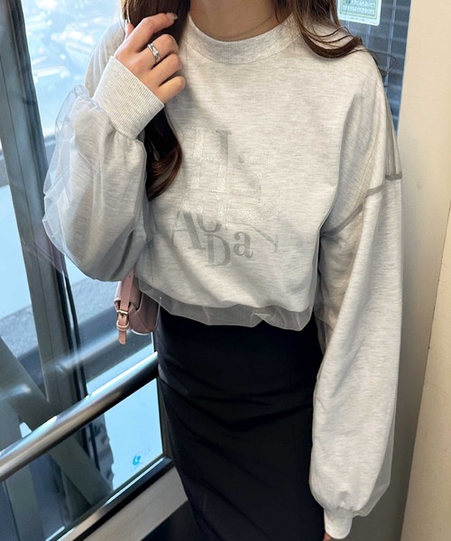 GeeRA（ジーラ）の「春 にぴったり。チュールレイヤード箔プリント袖ボリューム裏毛ロゴスウェット（スウェット・レディース・アイボリー/チャコールグレー/チャコール/オートミール・MEDIUM/LARGE/X-LARGE）」の8枚目の写真