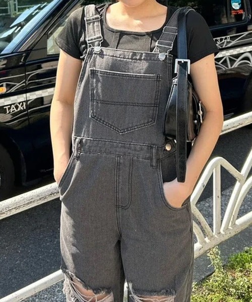 merrylatte（メリーラテ）の「ダメージワイドサロペ（サロペット/オーバーオール・レディース・ブラック・M/S）」の3枚目の写真