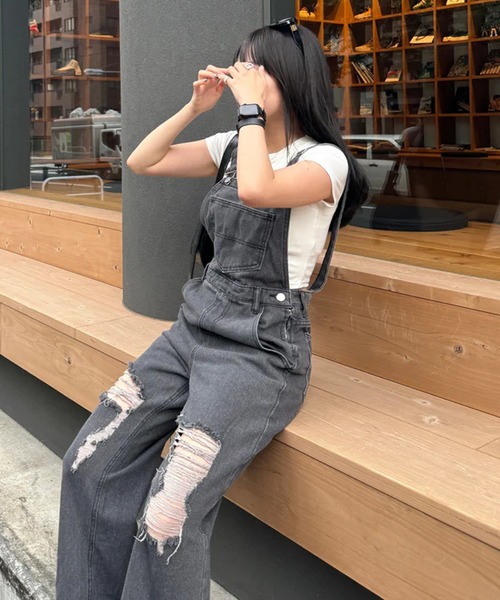 merrylatte（メリーラテ）の「ダメージワイドサロペ（サロペット/オーバーオール・レディース・ブラック・M/S）」の4枚目の写真