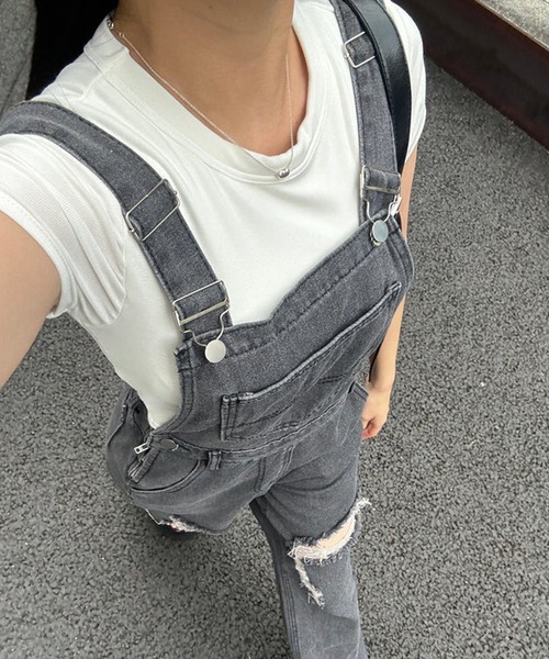 merrylatte（メリーラテ）の「ダメージワイドサロペ（サロペット/オーバーオール・レディース・ブラック・M/S）」の6枚目の写真