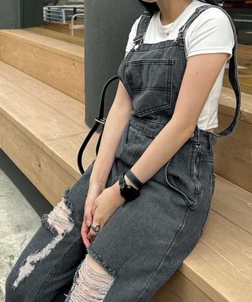 merrylatte（メリーラテ）の「ダメージワイドサロペ（サロペット/オーバーオール・レディース・ブラック・M/S）」の7枚目の写真