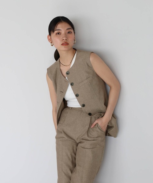 GOA リネン混　￼ジップアップベストY2K セール】linen blend long vest × pants set up / リネン混