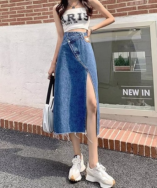 セール】クロス ウエスト スリット ロング デニム スカート（デニム