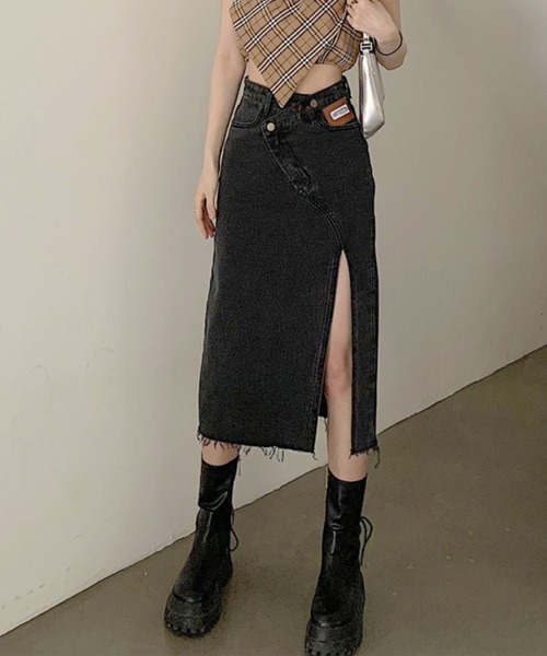 Lace Ladies(レースレディース)の「クロス ウエスト スリット ロング デニム スカート(デニムスカート・レディース・ブラック/ブルー・S/M/L/XL)」の8枚目の写真