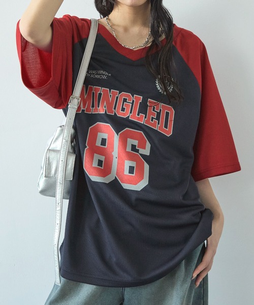 MONO-MART(モノマート)の「ゲームデザインラグランメッシュVネック半袖Tシャツ(Tシャツ/カットソー・レディース・ブラック/ネイビー系/ネイビー/ブラック系/ライトグレー/ボルドー/ライトグレー系・FREE)」の6枚目の写真