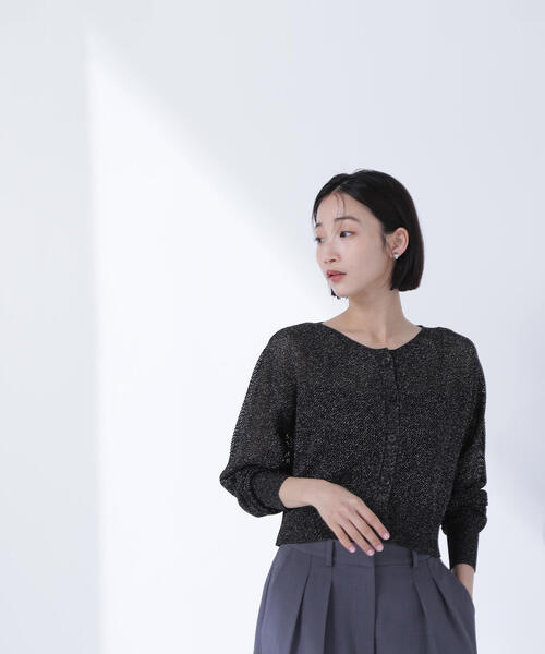 NATURAL BEAUTY BASIC ラメメッシュカーディガン BLACK ラメシアーオーバーニット | NATURAL BEAUTY BASIC（ナチュラル