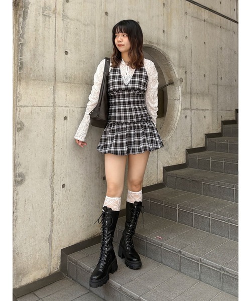 jouetie（ジュエティ）の「ホルターネックバルーンチェックシャーリングミニワンピース（ワンピース・レディース・ブラック/ブラウン・MEDIUM）」の15枚目の写真