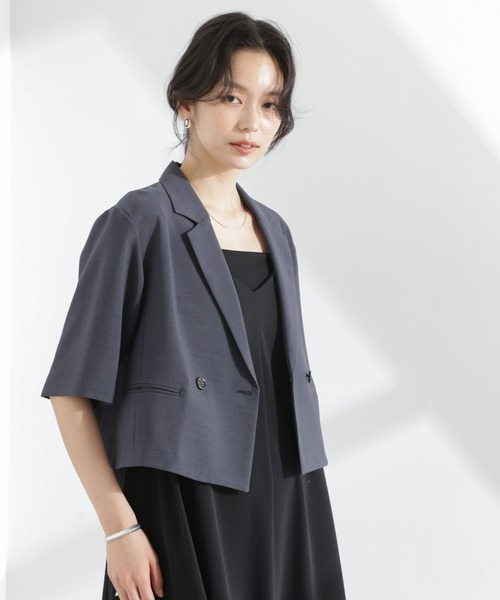 NANO universe(ナノユニバース)の「メランジドライ 半袖ショートダブルジャケット(セットアップ可)(テーラードジャケット・レディース・アイボリー/チャコール/ベージュ・FREE)」の18枚目の写真