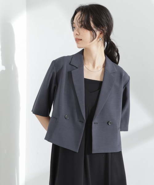 NANO universe(ナノユニバース)の「メランジドライ 半袖ショートダブルジャケット(セットアップ可)(テーラードジャケット・レディース・アイボリー/チャコール/ベージュ・FREE)」の19枚目の写真