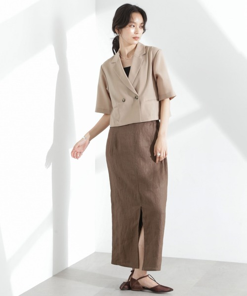 NANO universe(ナノユニバース)の「メランジドライ 半袖ショートダブルジャケット(セットアップ可)(テーラードジャケット・レディース・アイボリー/チャコール/ベージュ・FREE)」の7枚目の写真