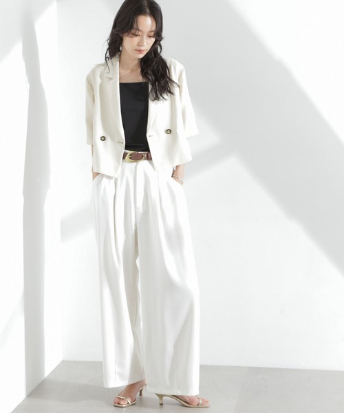 NANO universe(ナノユニバース)の「メランジドライ 半袖ショートダブルジャケット(セットアップ可)(テーラードジャケット・レディース・アイボリー/チャコール/ベージュ・FREE)」の14枚目の写真