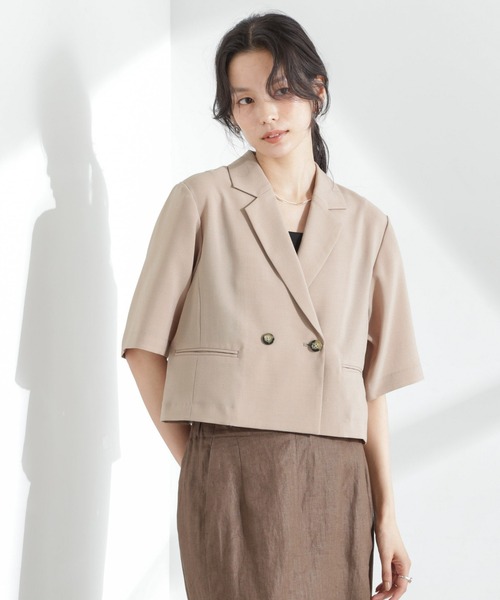 NANO universe(ナノユニバース)の「メランジドライ 半袖ショートダブルジャケット(セットアップ可)(テーラードジャケット・レディース・アイボリー/チャコール/ベージュ・FREE)」の4枚目の写真