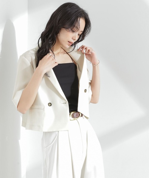 NANO universe(ナノユニバース)の「メランジドライ 半袖ショートダブルジャケット(セットアップ可)(テーラードジャケット・レディース・アイボリー/チャコール/ベージュ・FREE)」の13枚目の写真