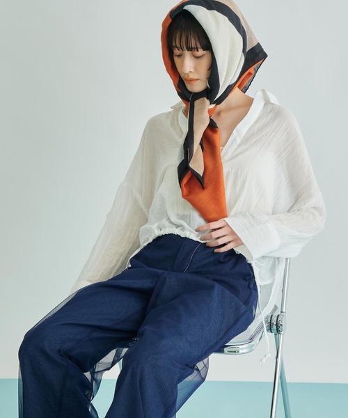 Settimissimo（セッティミッシモ）の「シアー カーゼ フロント ドローストリング スキッパー ブラウス（シャツ/ブラウス・レディース・ブラック/オフホワイト/オレンジ・FREE）」の8枚目の写真