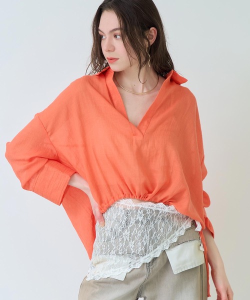 Settimissimo（セッティミッシモ）の「シアー カーゼ フロント ドローストリング スキッパー ブラウス（シャツ/ブラウス・レディース・ブラック/オフホワイト/オレンジ・FREE）」の18枚目の写真
