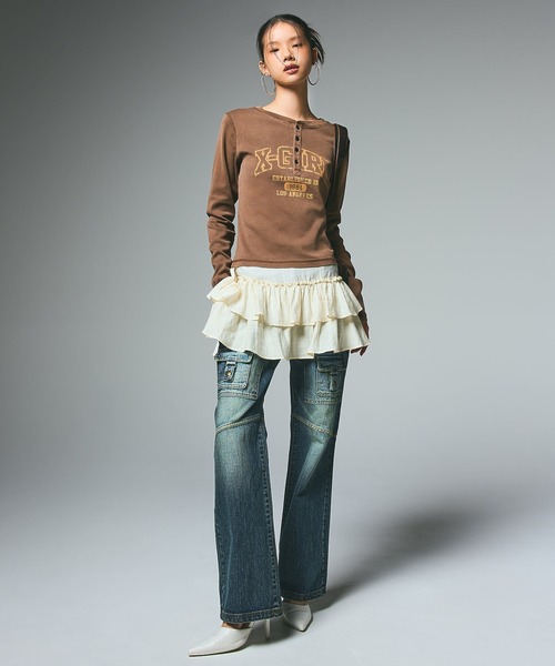 X-girl（エックスガール）の「COLLEGE LOGO L/S COMPACT TOP（Tシャツ/カットソー・レディース・ブラック/ブラウン/ネイビー・S/M）」の14枚目の写真