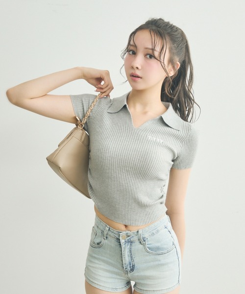 SINOOON ロゴ入り半袖ニット (アイボリー) sinoon】Sinoon Logo Half Knit 半袖ニット (6 colors) (sinoon