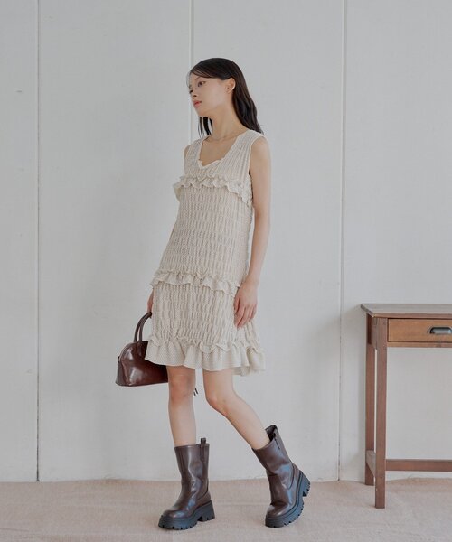 michellmacaron シャーリングチェックミニワンピース シャーリングチェックミニワンピース ブラウン | ファッション