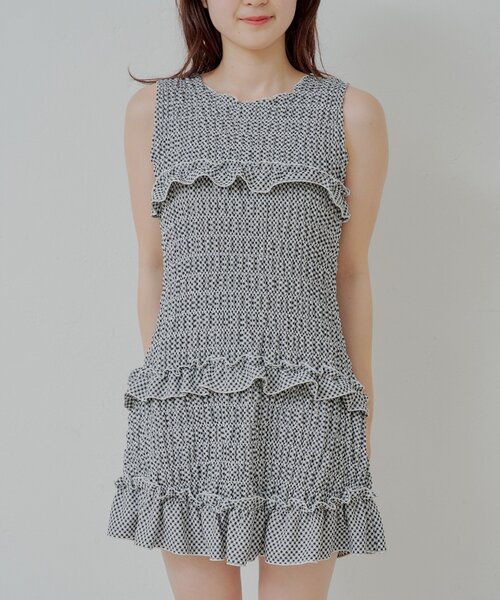 シャーリングチェックミニワンピース シャーリングチェックミニワンピース ネイビー | ファッション