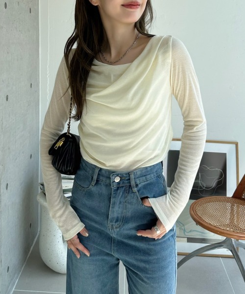 Ada.(エイダ)の「ドレープ デザイン シアーTシャツ(Tシャツ/カットソー・レディース・グレー/ブラック/アイボリー/チャコール/ブラウン/ネイビー・FREE)」の10枚目の写真