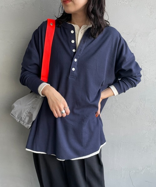 HANES（ヘインズ）の「[HANES/ヘインズ] ヘンリーネック サーマルカットソー（Tシャツ/カットソー・レディース・オフホワイト/ヘザーグレー/パープル/ダークネイビー・F）」の3枚目の写真