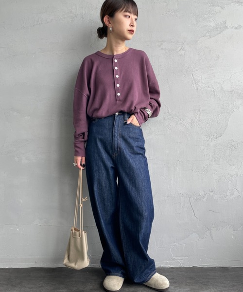 HANES（ヘインズ）の「[HANES/ヘインズ] ヘンリーネック サーマルカットソー（Tシャツ/カットソー・レディース・オフホワイト/ヘザーグレー/パープル/ダークネイビー・F）」の14枚目の写真