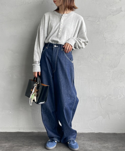 HANES（ヘインズ）の「[HANES/ヘインズ] ヘンリーネック サーマルカットソー（Tシャツ/カットソー・レディース・オフホワイト/ヘザーグレー/パープル/ダークネイビー・F）」の9枚目の写真