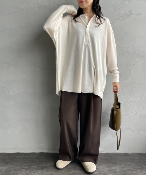 HANES（ヘインズ）の「[HANES/ヘインズ] ヘンリーネック サーマルカットソー（Tシャツ/カットソー・レディース・オフホワイト/ヘザーグレー/パープル/ダークネイビー・F）」の8枚目の写真