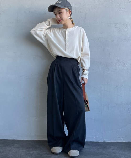 HANES（ヘインズ）の「[HANES/ヘインズ] ヘンリーネック サーマルカットソー（Tシャツ/カットソー・レディース・オフホワイト/ヘザーグレー/パープル/ダークネイビー・F）」の5枚目の写真