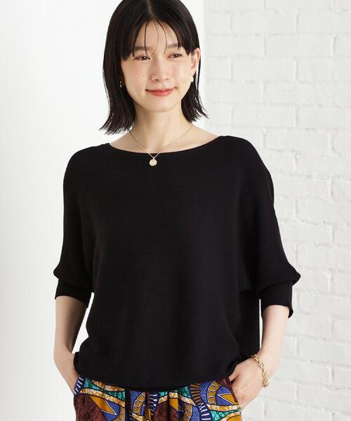 THE SHOP TK (ザ ショップ ティーケー )の「6分袖ガータードルマンニット【エコベロ/洗濯機OK】(ニット/セーター・レディース・スモーキーグリーン系/ブラック/アイボリー/パープル系4/レンガ・13/12/11)」の1枚目の写真