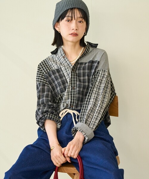 セール】チェック パッチワーク リメイク風シャツ/チェックシャツ