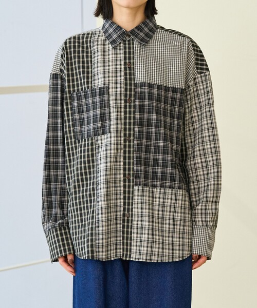 FREAK'S STORE(フリークスストア)の「チェック パッチワーク リメイク風シャツ/チェックシャツ(シャツ/ブラウス・レディース・ブラック/ネイビー・フリ-)」の9枚目の写真