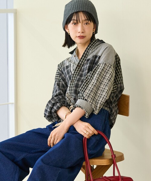 FREAK'S STORE(フリークスストア)の「チェック パッチワーク リメイク風シャツ/チェックシャツ(シャツ/ブラウス・レディース・ブラック/ネイビー・フリ-)」の18枚目の写真