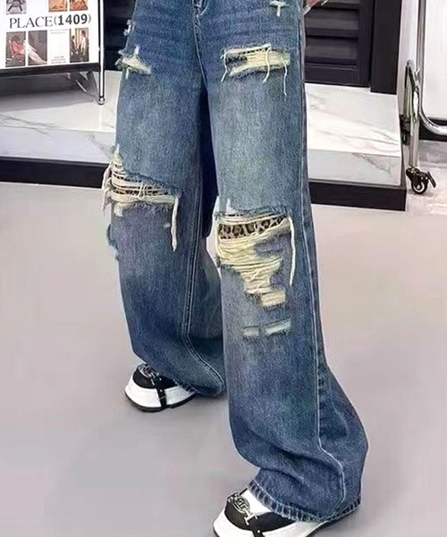 CANVAS+(キャンバスプラス)の「【CANVAS+】ダメージ×レオパードデニムパンツ(デニムパンツ・レディース・ブルー・L/M/S)」の1枚目の写真