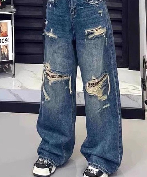 CANVAS+(キャンバスプラス)の「【CANVAS+】ダメージ×レオパードデニムパンツ(デニムパンツ・レディース・ブルー・L/M/S)」の2枚目の写真