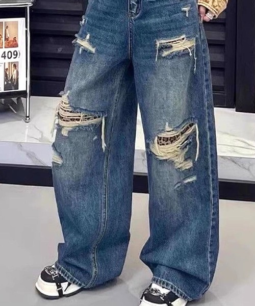 CANVAS+(キャンバスプラス)の「【CANVAS+】ダメージ×レオパードデニムパンツ(デニムパンツ・レディース・ブルー・L/M/S)」の3枚目の写真