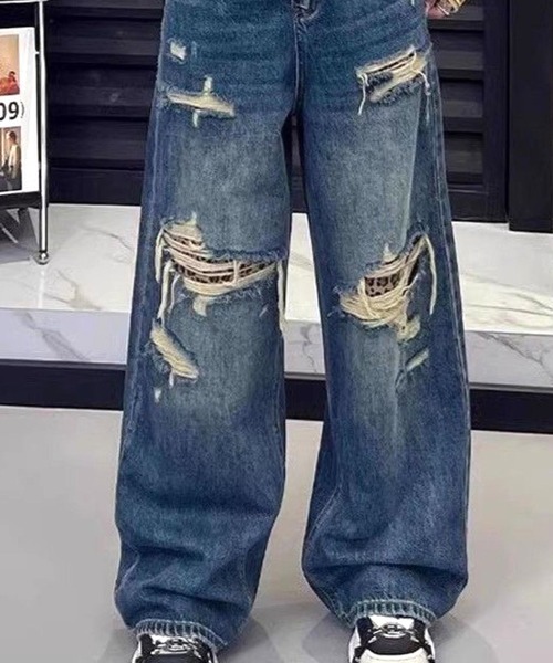 CANVAS+(キャンバスプラス)の「【CANVAS+】ダメージ×レオパードデニムパンツ(デニムパンツ・レディース・ブルー・L/M/S)」の4枚目の写真