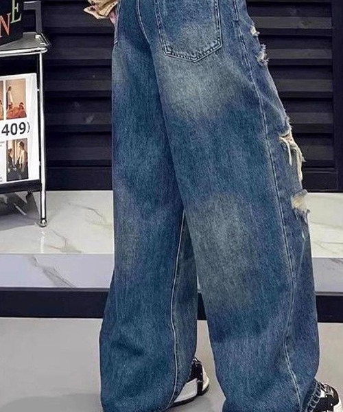 CANVAS+(キャンバスプラス)の「【CANVAS+】ダメージ×レオパードデニムパンツ(デニムパンツ・レディース・ブルー・L/M/S)」の5枚目の写真