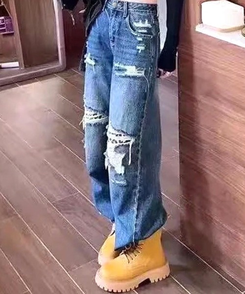 CANVAS+(キャンバスプラス)の「【CANVAS+】ダメージ×レオパードデニムパンツ(デニムパンツ・レディース・ブルー・L/M/S)」の6枚目の写真