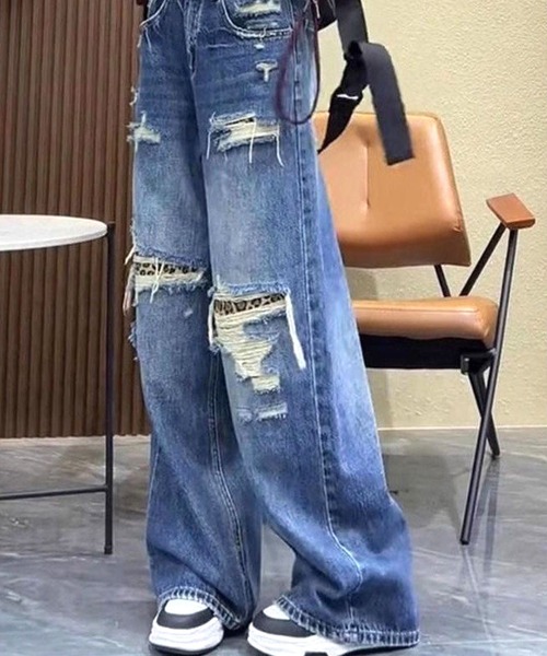 CANVAS+(キャンバスプラス)の「【CANVAS+】ダメージ×レオパードデニムパンツ(デニムパンツ・レディース・ブルー・L/M/S)」の9枚目の写真