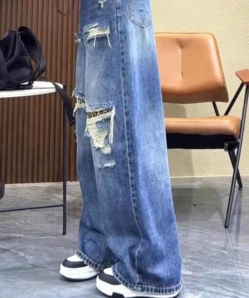 CANVAS+(キャンバスプラス)の「【CANVAS+】ダメージ×レオパードデニムパンツ(デニムパンツ・レディース・ブルー・L/M/S)」の10枚目の写真